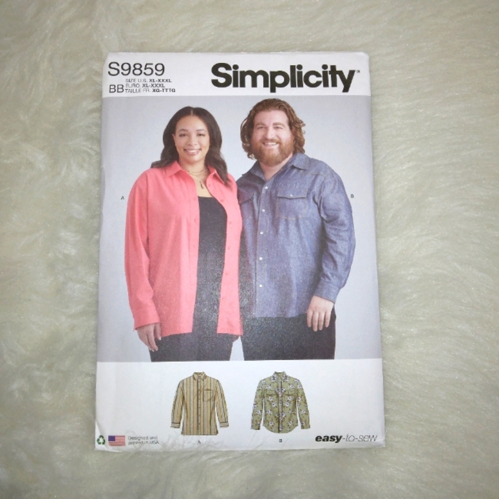 SIMPLICITY S9859 Sz XL-XXXL Plus Sized Unisex Easy-to-Sew Shirts
